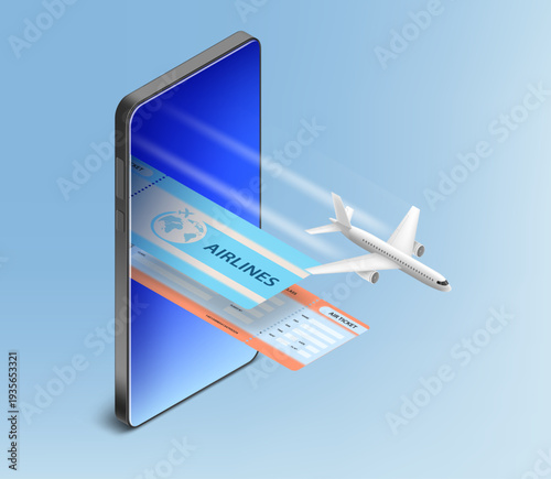 Airplane and airline tickets fly out of the smartphone screen. Online booking. Isometric 3D projection. Vector illustration.
