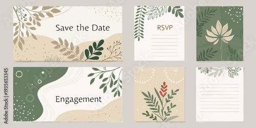 Elegant wedding invitation card set with floral designs and save the date cards, vector collection