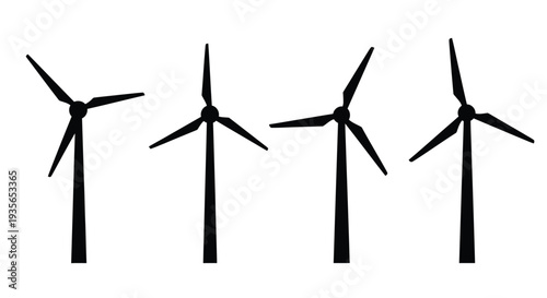 Four wind turbines in a row depicted as a stark silhouette