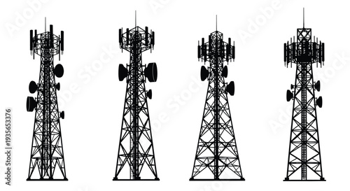 Four communication towers stand against a white backdrop silhouette