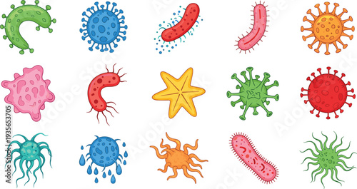 Cartoon Bacteria and Virus Microorganisms Collection Medical Microbes Set Flat Vector Illustration Isolated on White Background