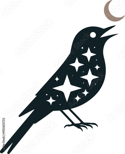 Magical Celestial Nightingale Bird with Stars and Moon Silhouette