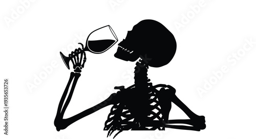 A dark skeleton enjoys a drink presented in striking silhouette