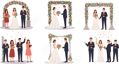 Bride and groom wedding ceremony illustration with floral decorations, exchanging vows, romantic celebration, marriage rituals, and happy couple vector art.