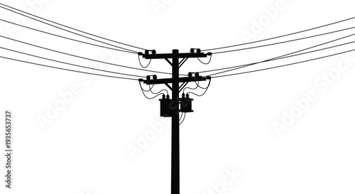 Electrical pole with wires against a white background a dark silhouette