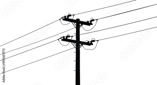 Electrical power lines and pole against a bright sky silhouette