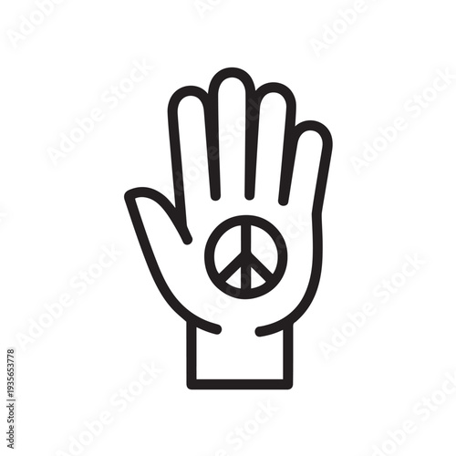 Human hand with peace sign symbol in palm, black outline icon illustration on transparent background, representing harmony, unity, and non-violence