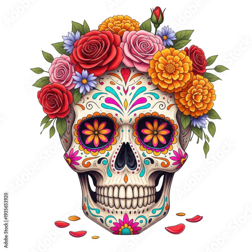 Vibrant flowers adorning a skull in a traditional mexican art style