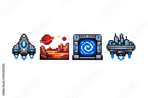 Pixel art sci-fi game icons featuring a rocket spaceship, alien desert planet scene, glowing portal tile, and hovering futuristic platform on white