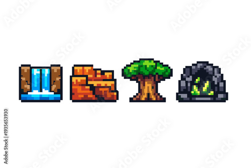 Pixel art game environment icons featuring a waterfall, layered rock platform, leafy tree, and glowing cave entrance in retro 8-bit style