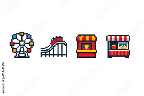 Pixel art amusement park icons featuring a ferris wheel, roller coaster, ticket booth, and striped food stand in retro 8-bit style on white