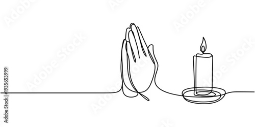 Continuous single one line drawing of Two Hands Pressed Together in Prayer Position and candle. Pray for peace. Action for Prayer, Young woman holding candle, close-up of hands, Two hands holding one