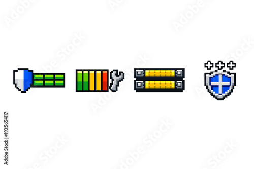 Pixel art game interface icons showing shield durability, progress bars, repair wrench, and defensive emblem for retro RPG HUD elements