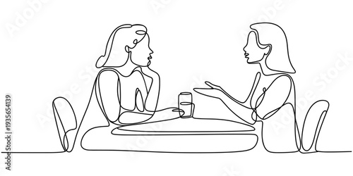 Two women are talking at the table continuous one line drawing, Job interview - vector modern simple one line design composition with recruiter and candidate. Continuous Line Drawing of Two women