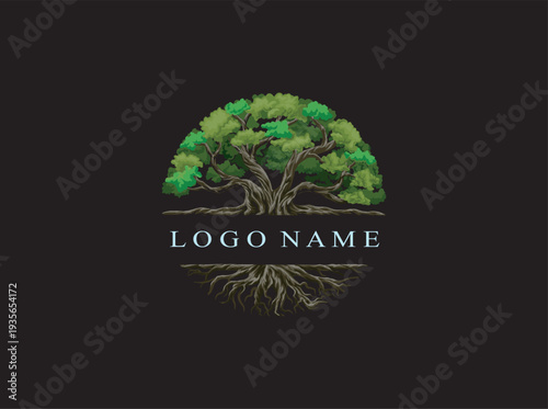 tree logo in circular shape, oak logo emblems isolated on black background