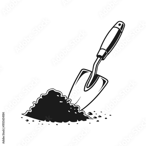 Black and White Illustration of a Shovel Digging into Soil Pile � Simple Gardening Concept Drawing