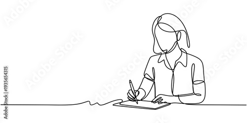Continuous one line woman in shirt drawing with help graphic tablet. Digital artist. Vector, Female web designer using tablet at home, looking at camera, Positive young woman with headphones.