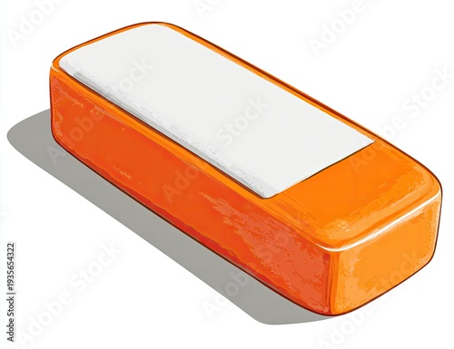 Orange rectangular object with a white top, casting a shadow on a white background