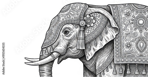 Ornate decorative head covering adorns a majestic pachyderm rendered in detailed monochrome engraving style