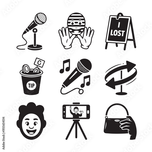 Microphone on stand, person with hands up, lost sign, tip jar, microphone with music notes, refresh arrows, happy face, smartphone on tripod, hand holding purse