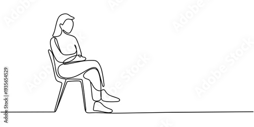 Continuous one line drawing of a confident woman sitting elegantly in a chair, minimalist art style, female silhouette, simple linear artwork. Vector, illustration