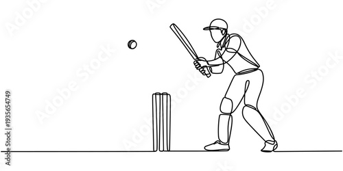 Single continuous line drawing of young agile man cricket player standing ready to hit the ball vector illustration. Sport exercise concept. Trendy one line draw design for cricket promotion media