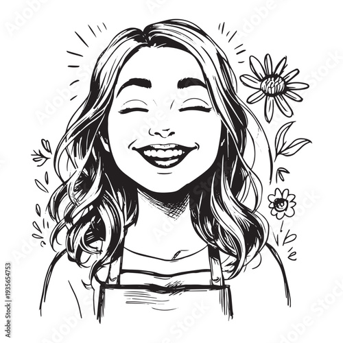 Monochrome sketch portrait of a cheerful young woman with long wavy hair smiling happily, surrounded by delicate line art flowers and leaves