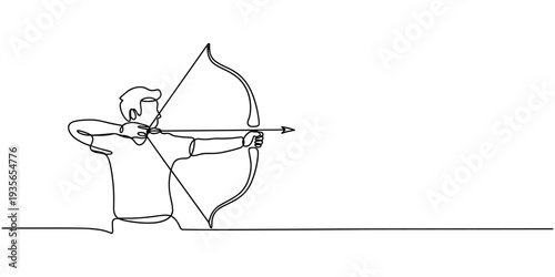 bow and arrow, One single line drawing of young archer man focus exercising archery to hit the target vector graphic illustration. Healthy refresh shooting with bow sport concept.