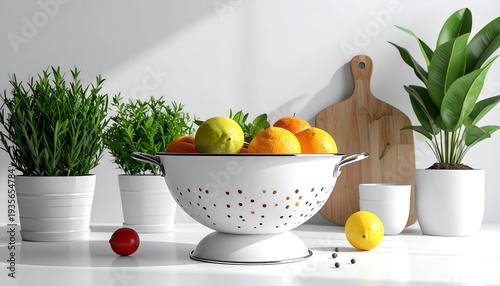 A bright kitchen scene features fruit, plants, and a colander, with a clean, modern aesthetic