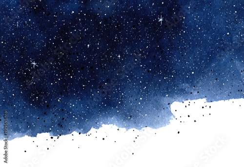 Watercolor wash depicts a night sky filled with countless twinkling stars against a blue background