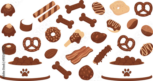 Dog Treats and Snacks Collection with Bones Cookies Bacon and Chocolate Style Biscuits Flat Vector Illustration
