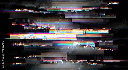 A distorted digital image with colorful glitchy effects on a black background