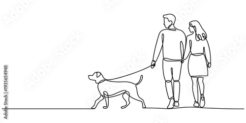 Young couple walking dog continuous one line vector drawing, Couple walking with a dog continuous line vector illustration, Continuous one line vector drawing of couple walks pet dog. Cartoon young.