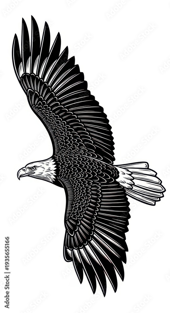 Obraz premium Majestic raptor bird with widespread wings soars against a white background in detailed illustration