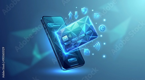 Digital credit card emerges from a smartphone screen surrounded by floating security and payment icons in a bright blue light.