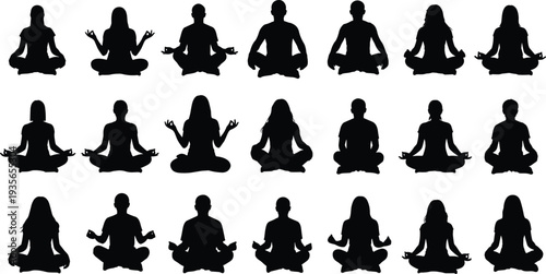 Collection of twenty-one diverse male and female silhouettes sitting in meditation poses for yoga mindfulness and mental health wellness icons