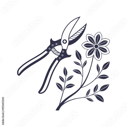 Hand Drawn Pruning Shears and Flower Illustration � Organic Gardening Sketch in Minimal Style