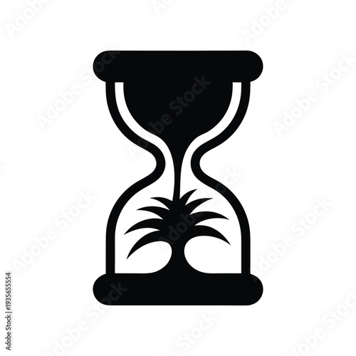 Minimalist Monochrome Hourglass with Palm Tree Silhouette Icon isolated on White Background