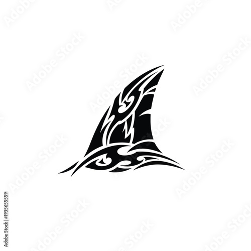 Tribal shark fin silhouette with stylized wave motifs and bold monochrome design.
