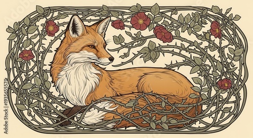 Stylized depiction of a red fox resting within a thicket of thorny rose vines illustrates natural ornamentation.