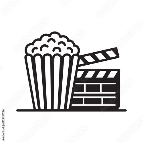 Popcorn and clapperboard icon. classic symbol of cinema, film industry, and entertainment. black silhouette vector illustration on transparent