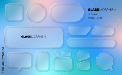 A set of frosted glass geometric shapes for UI design of website elements and user interfaces. White, translucent icons on a colored gradient background