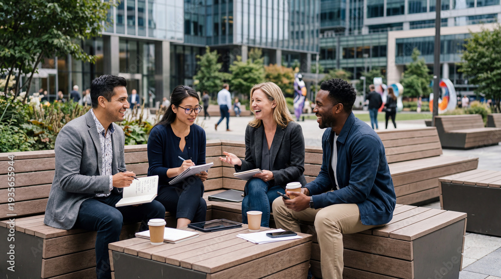 Fototapeta premium Diverse students sitting on stone steps in modern university plaza