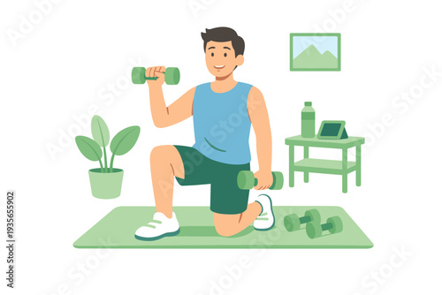 Illustration of a man kneeling on a workout mat lifting dumbbells at home, surrounded by fitness gear, water bottle, plant, and table