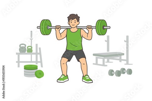 Cartoon athlete performing barbell back squat in a gym setting with weights, bench, and kettlebells, illustrating strength training and fitness exercise
