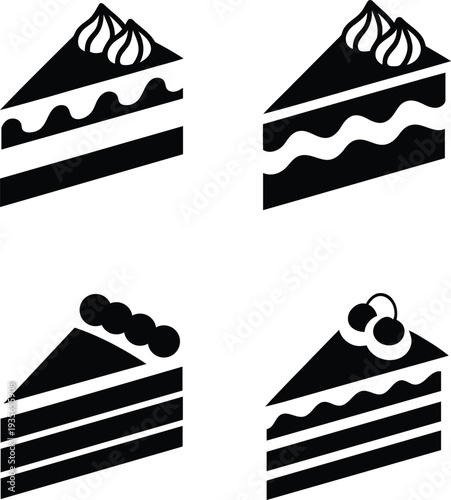 Set of four black silhouette icons representing different slices of layered cake with frosting and toppings isolated on transparent background