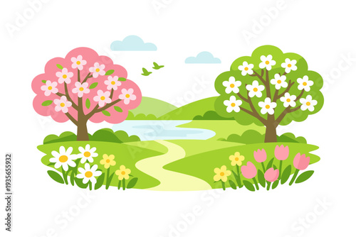 Colorful spring landscape illustration with blooming trees, wildflowers, rolling green hills, winding path, calm lake, and birds under soft clouds
