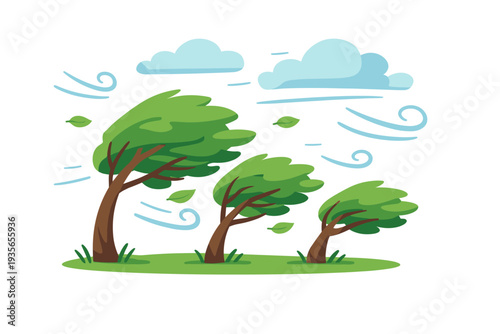Illustration of strong wind blowing through trees with swirling gust lines, flying leaves, and clouds in a stormy weather nature scene