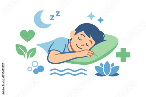 Illustration of a sleeping man resting on a pillow with wellness icons showing healthy sleep, relaxation, nature, and restorative nighttime care