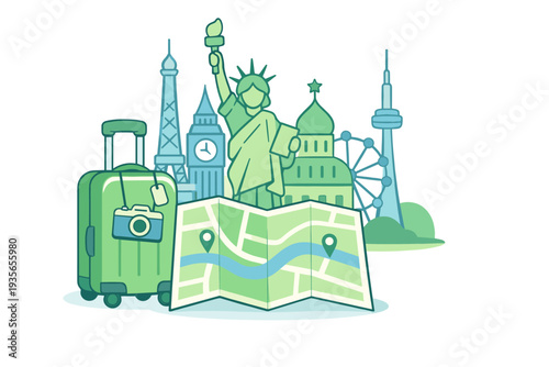 Travel illustration with suitcase, camera, folded map and world landmarks skyline, representing tourism planning, vacation adventure and sightseeing journey